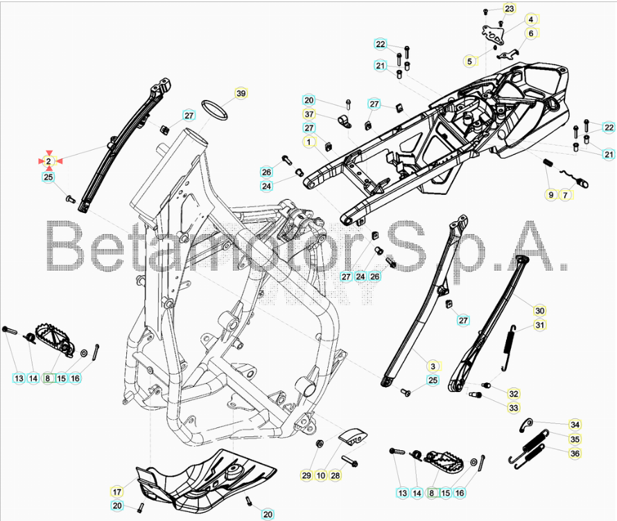 Attacco telaio posteriore destro Beta RR 125/200/250/300 2T 2013-2019 RR 350/390/400/430/450/480/498/520 4T 2010-2019