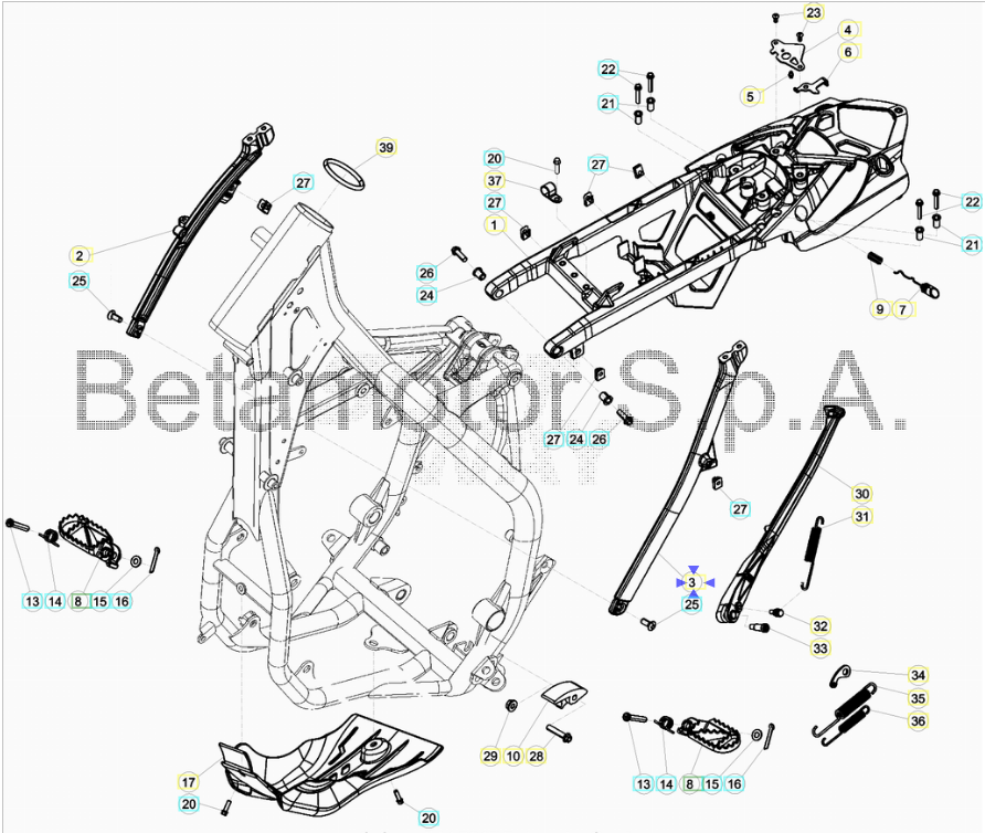 Attacco telaio posteriore sinistro Beta RR 125/200/250/300 2T 2017-2019 RR 350/390/430/480 4T 2017-2019 Xtrainer 2017-2021