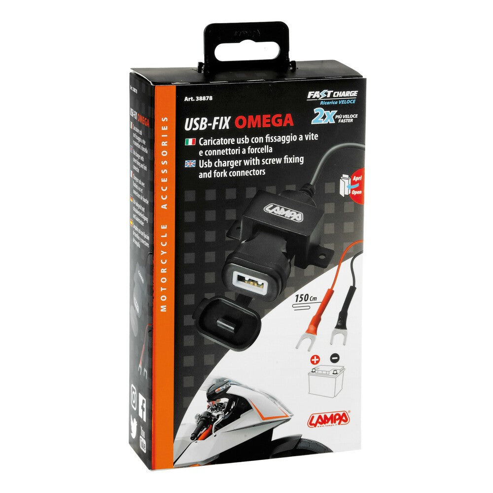 Usb Fix Omega, caricatore Usb con fissaggio a vite e connettori a forcella - 12/24V