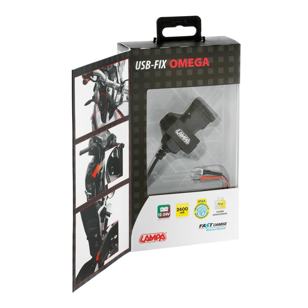 Usb Fix Omega, caricatore Usb con fissaggio a vite e connettori a forcella - 12/24V