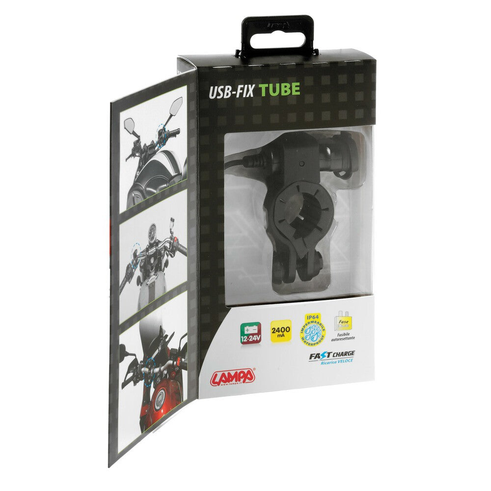 Usb-Fix Tube, caricatore Usb con fissaggio a manubrio e connettori a forcella - Fast Charge - 3000 mA - 12/24V